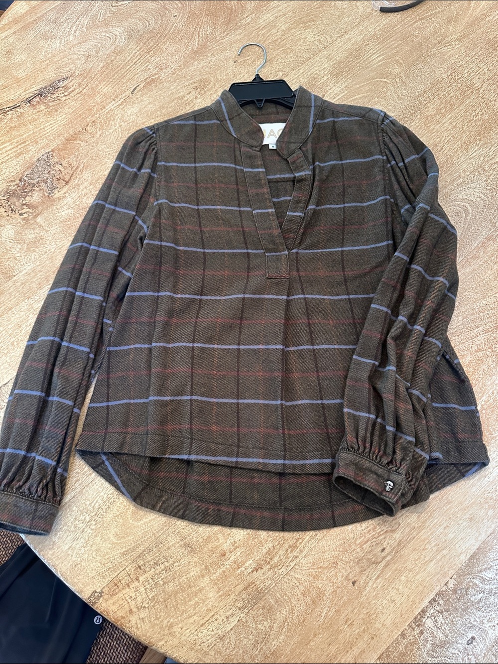 Jag Jeans Olive Brown Plaid Band-Collar Blouse